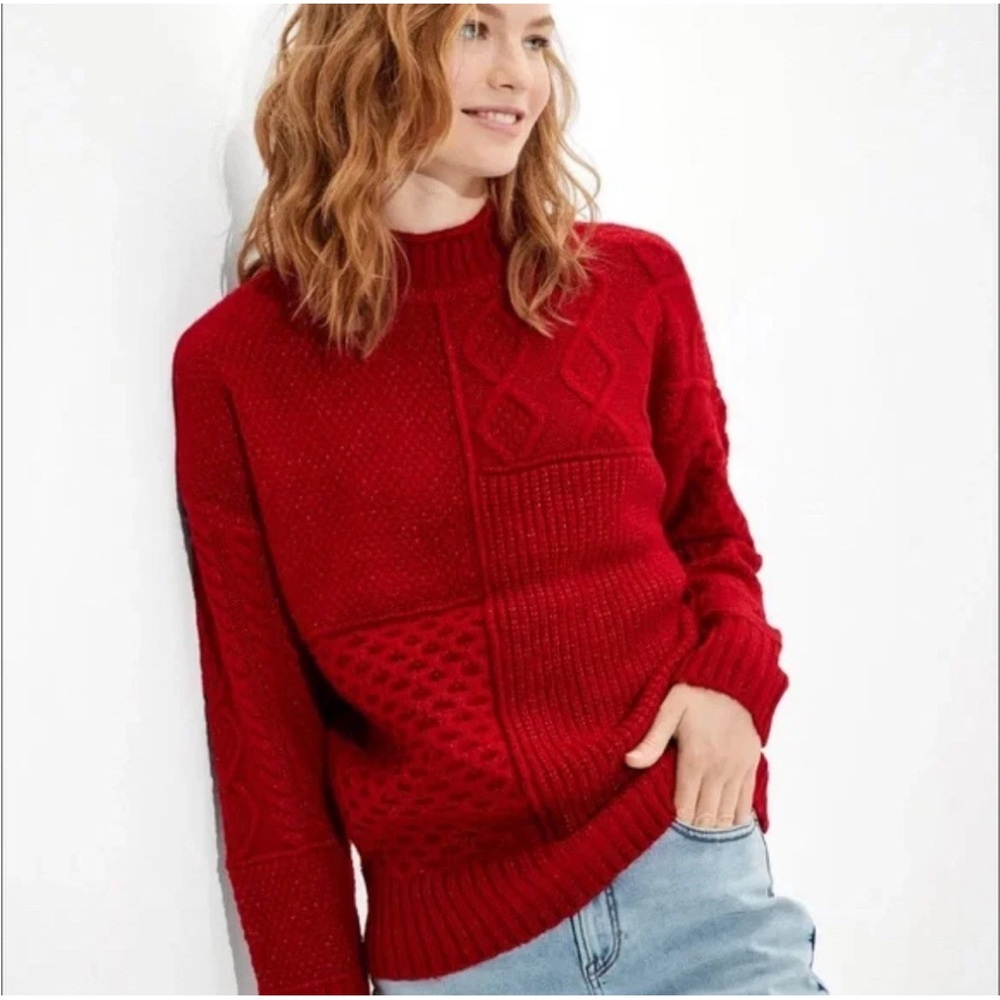 American Eagle Red Cable Oversized Knit Sweater Mock Neck Womens Size S NWT